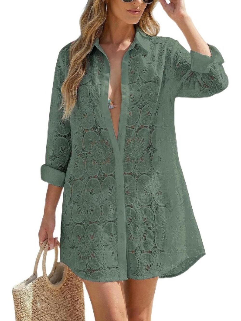 Women's Pea Green Cotton CoverUp Button Down Shirt Long Sleeve Swimsuit CoverUp